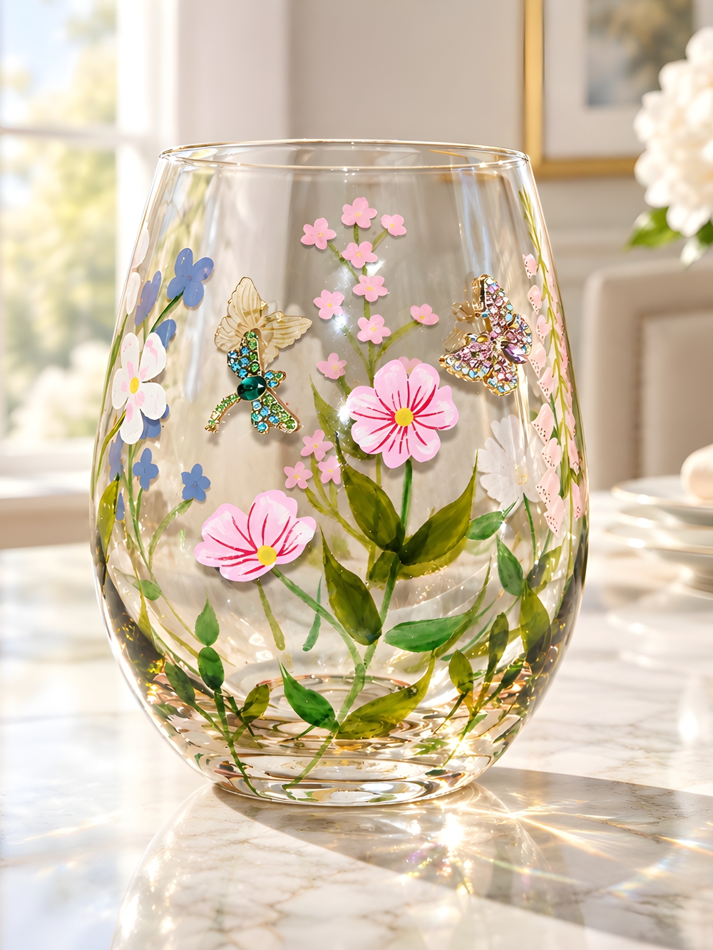 Handpainted Glass With Butterfly And Dragonfly Accents